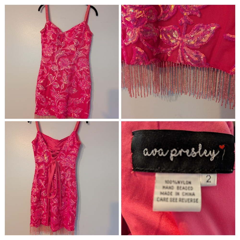 Vibrant Pink Ava Presley Cocktail Dress Fringe And  Sequins